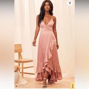 In Love Forever Rose Pink Satin Lace-Up High-Low Maxi Dress Size Small